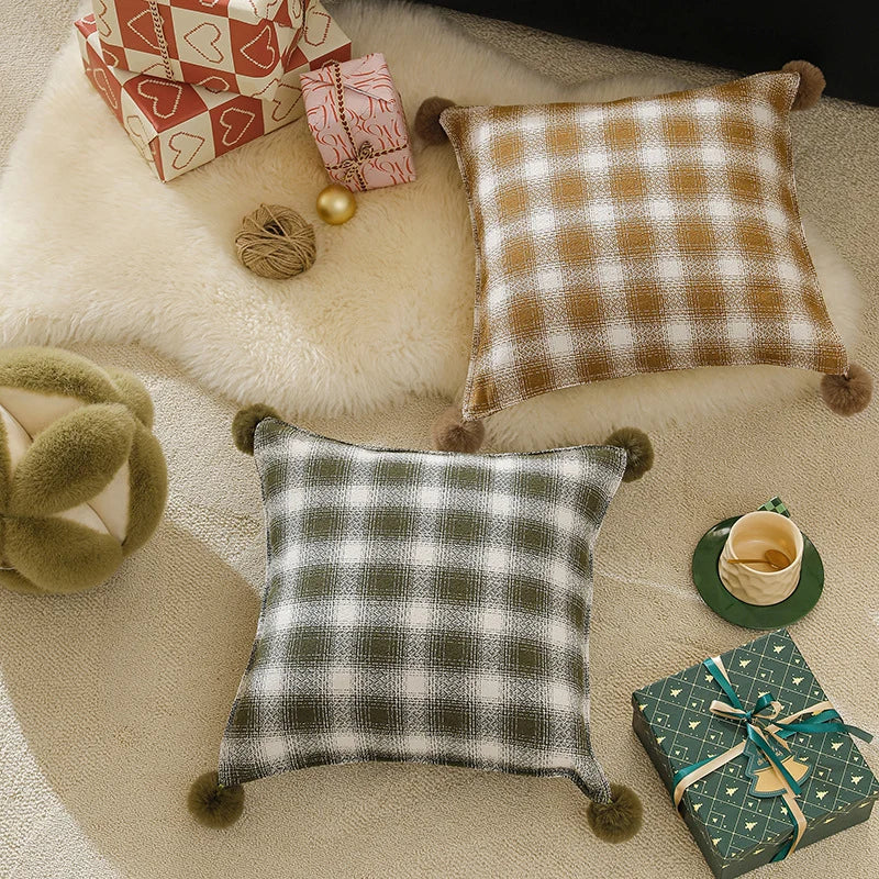 Square Cushion Cover Woven Check Pom-Pom Corners