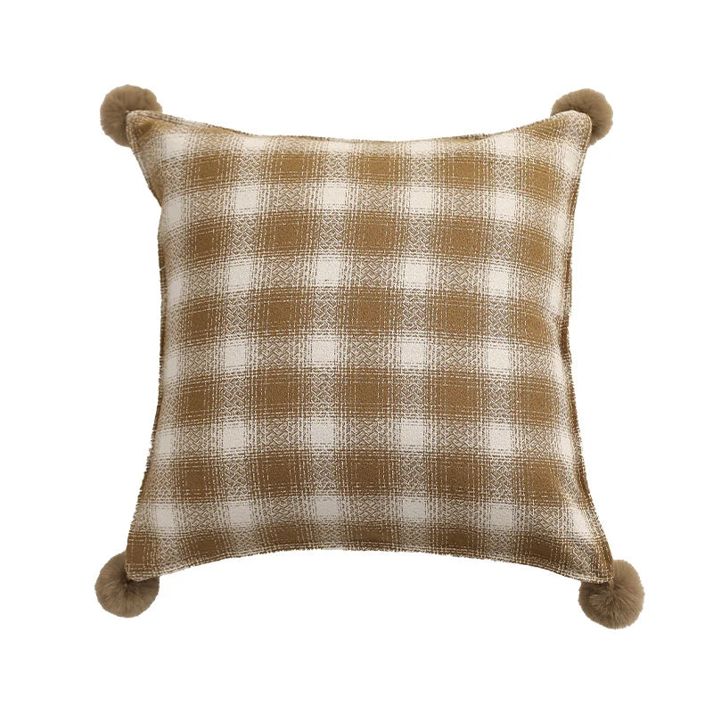 Square Cushion Cover Woven Check Pom-Pom Corners