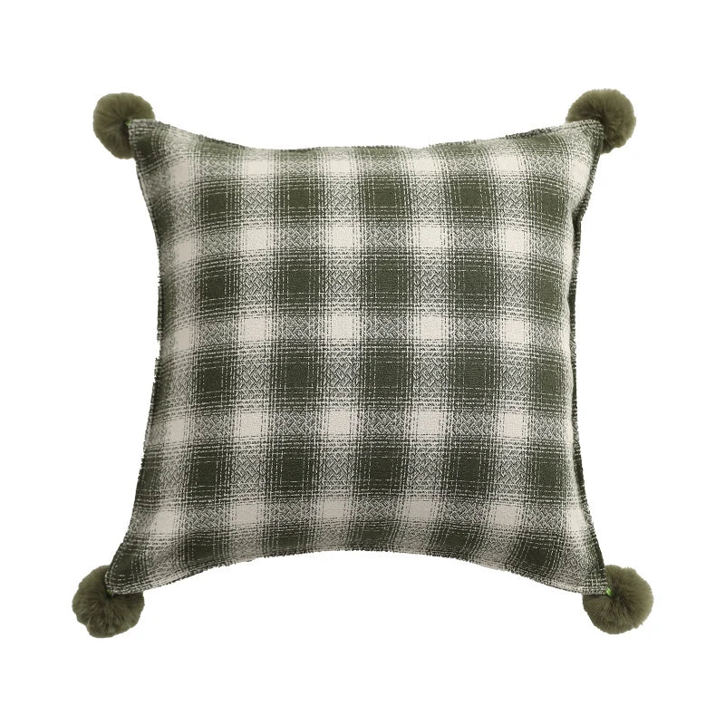 Square Cushion Cover Woven Check Pom-Pom Corners