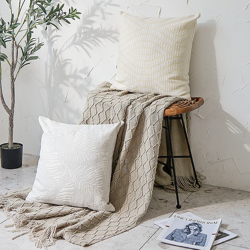 Square Cushion Cover Woven Circle Relief Cotton-Blend Hidden Zipper