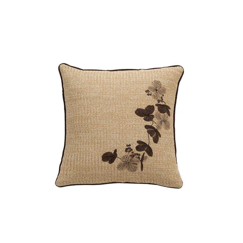 Square Cushion Cover Woven Texture Floral Embroidery