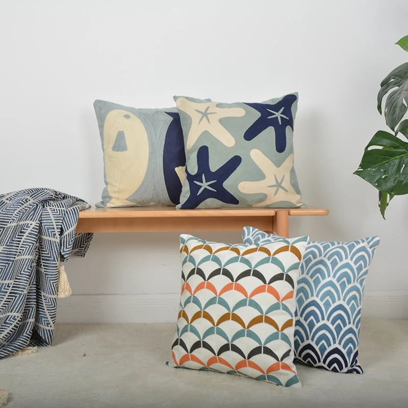 Square Cushion Jacquard Starfish Hidden Zipper & Removable Insert