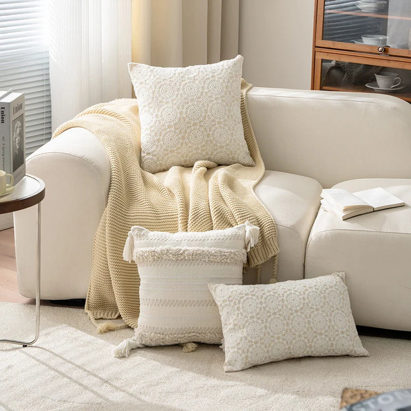Square Decorative Cushion Linen Base & Crochet Overlay