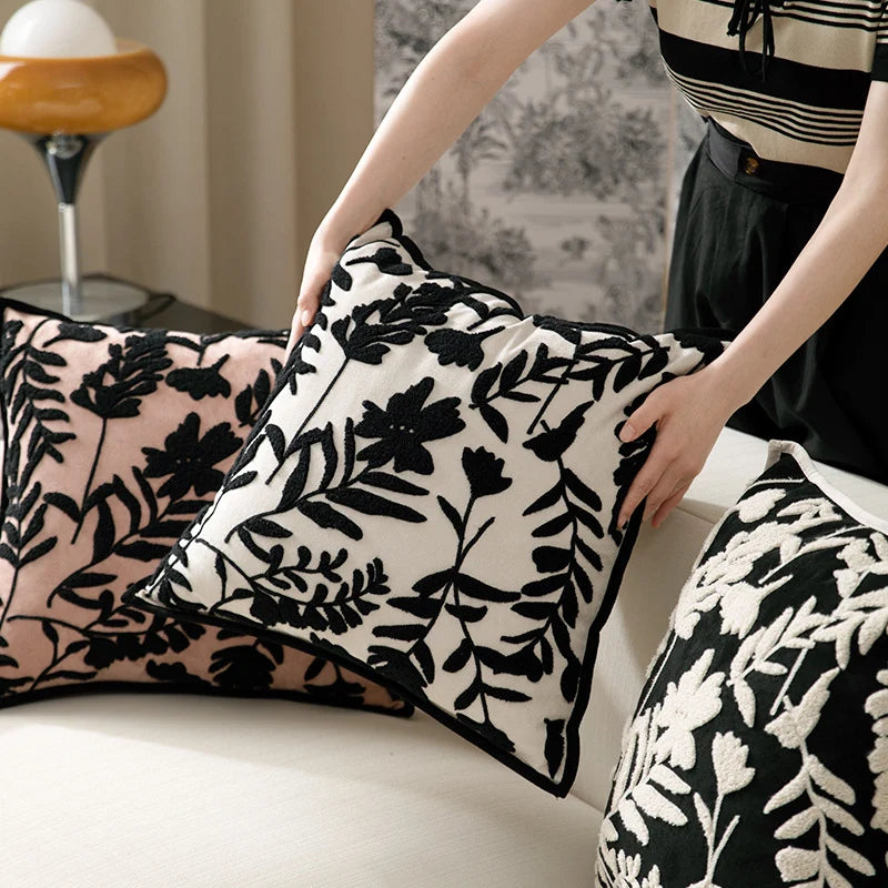 Square Decorative Pillow Flock Embroidery Piped Edge 18x18
