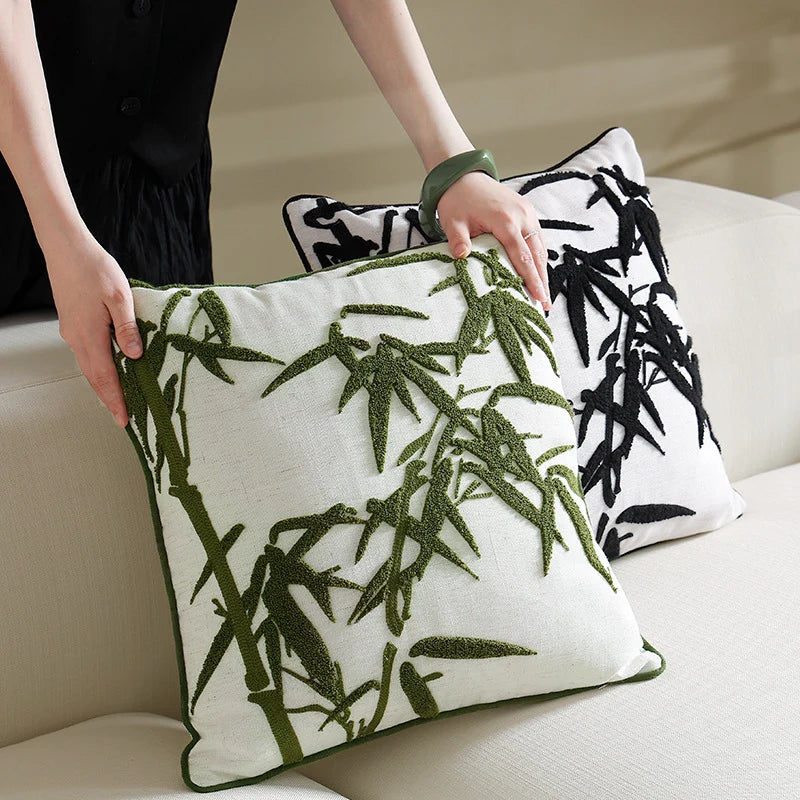 Square Decorative Pillow Hand-Tufted Bamboo Motif Linen-Look Cotton Blend