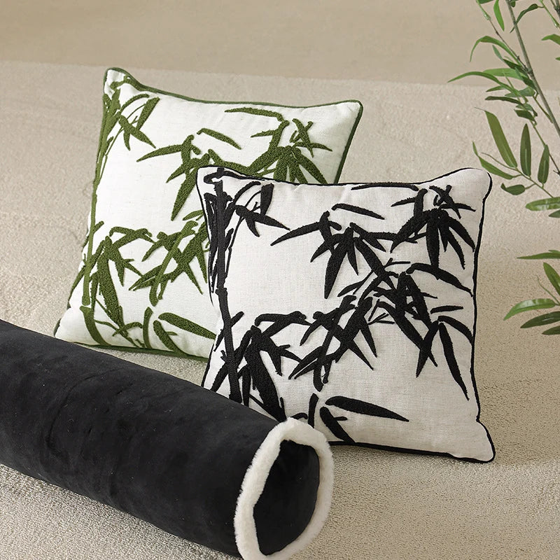 Square Decorative Pillow Hand-Tufted Bamboo Motif Linen-Look Cotton Blend