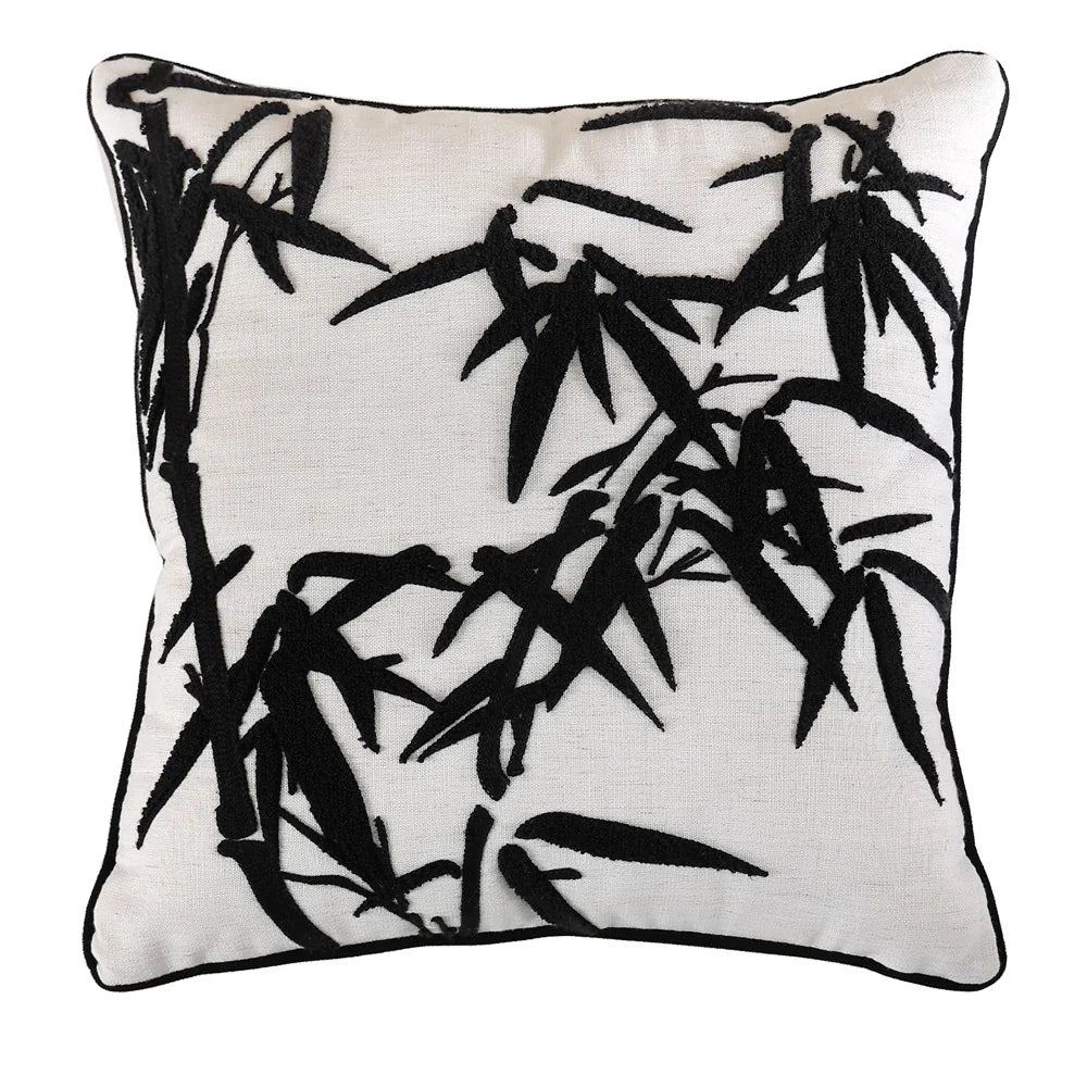 Square Decorative Pillow Hand-Tufted Bamboo Motif Linen-Look Cotton Blend