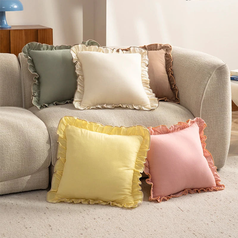 Square Decorative Pillow Ruffle Edge Linen-Look Removable Cover