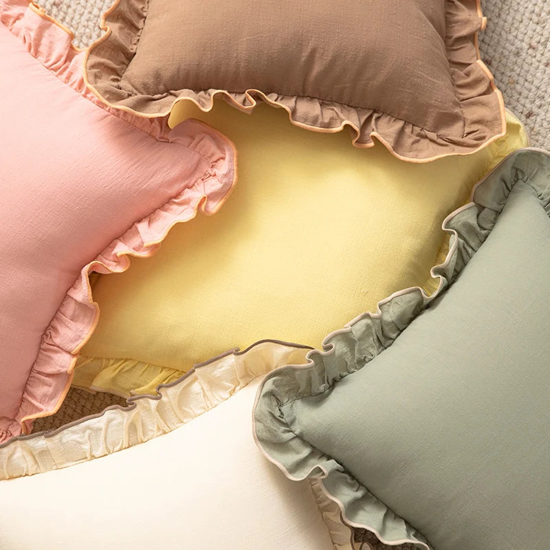 Square Decorative Pillow Ruffle Edge Linen-Look Removable Cover