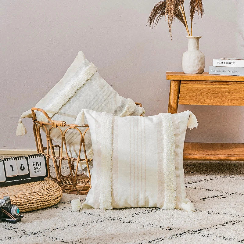 Square Pillow Cover Bouclé Trim & Tassels