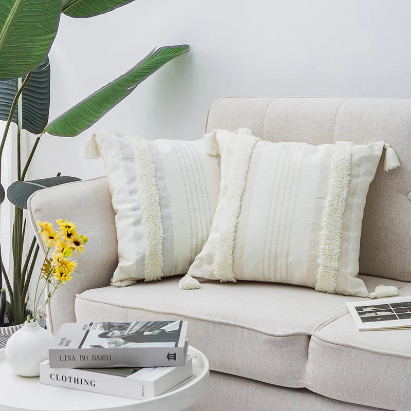 Square Pillow Cover Bouclé Trim & Tassels