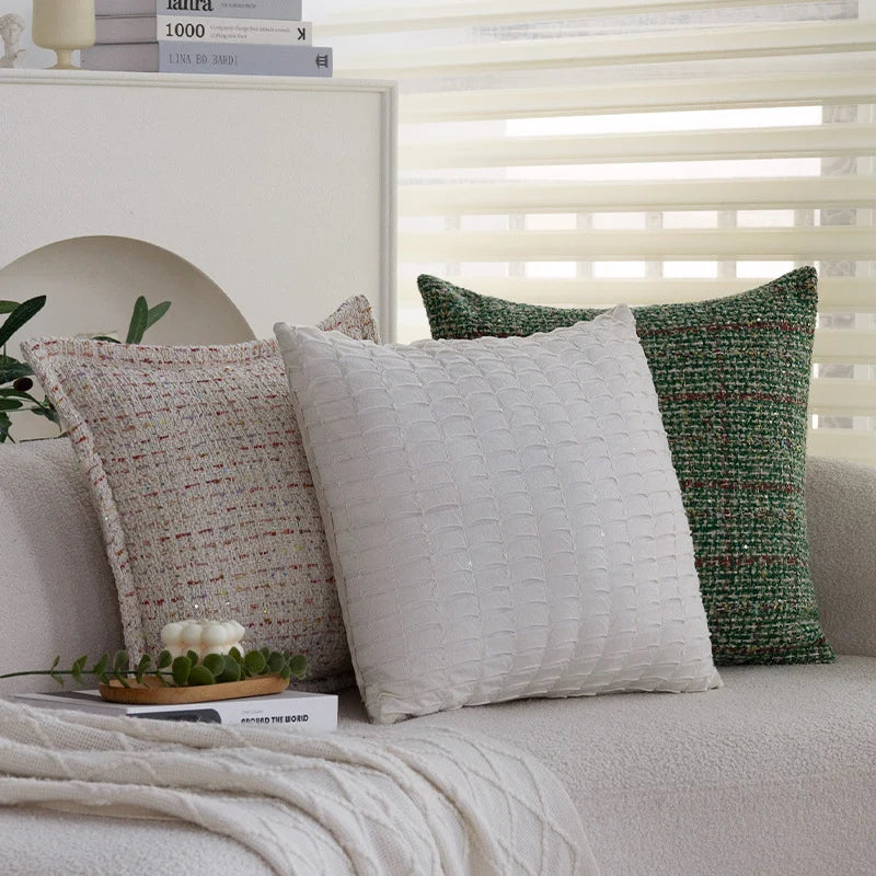 Square Pillow Cover Bouclé Tweed Hidden Zipper & Piped Trim