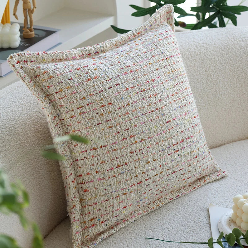 Square Pillow Cover Bouclé Tweed Hidden Zipper & Piped Trim
