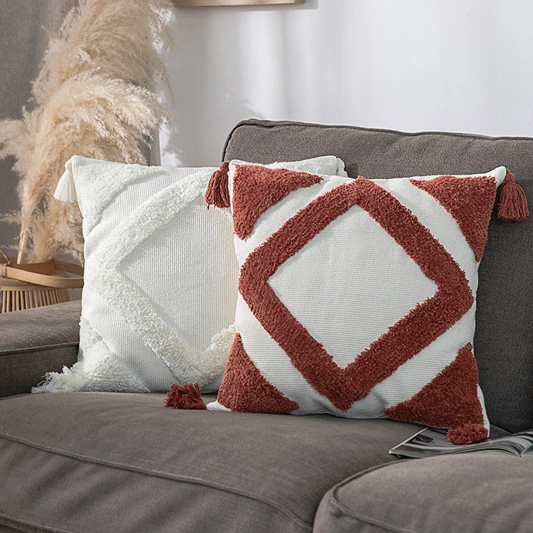 Square Pillow Cover Cotton Bouclé Raised Diamond Tassels 18x18