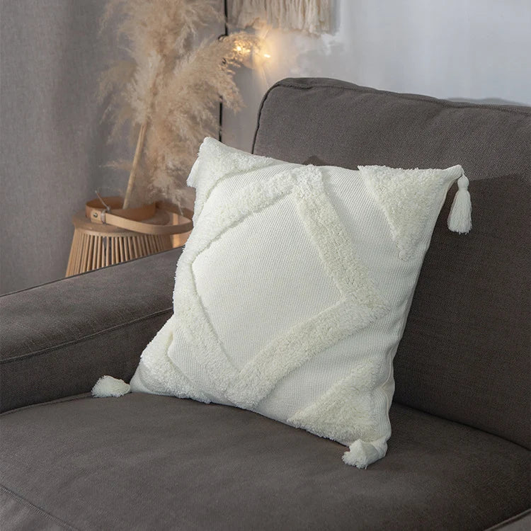 Square Pillow Cover Cotton Bouclé Raised Diamond Tassels 18x18
