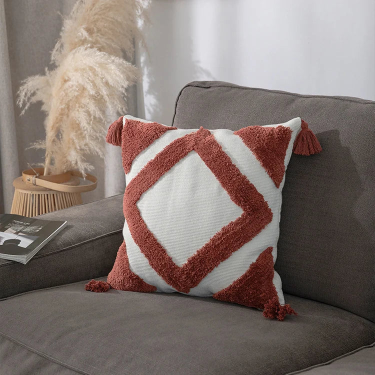 Square Pillow Cover Cotton Bouclé Raised Diamond Tassels 18x18
