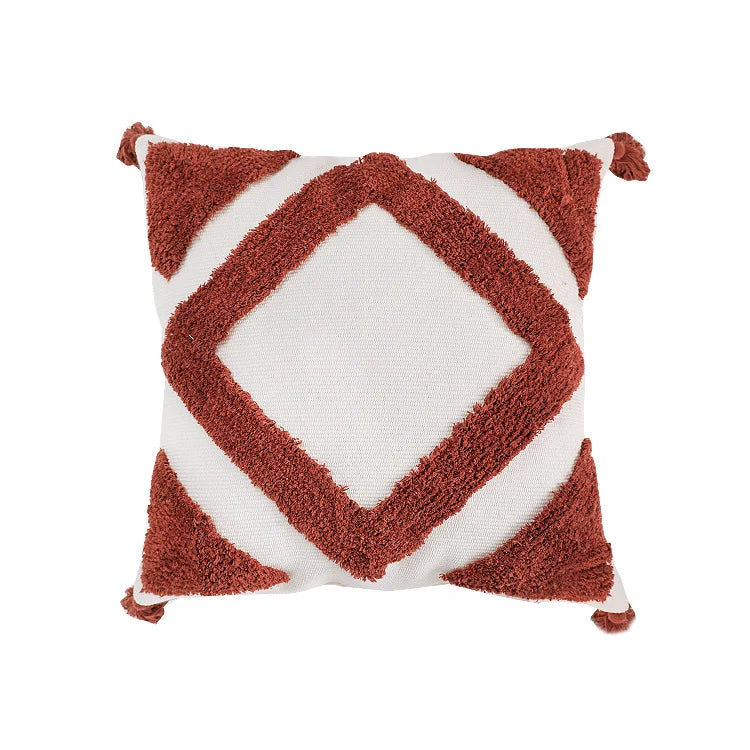Square Pillow Cover Cotton Bouclé Raised Diamond Tassels 18x18