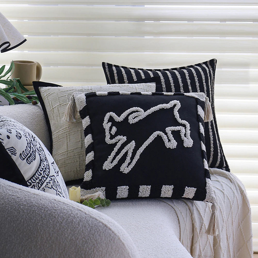 Square Pillow Cover Cotton-Linen Geometric Relief Piped Edge