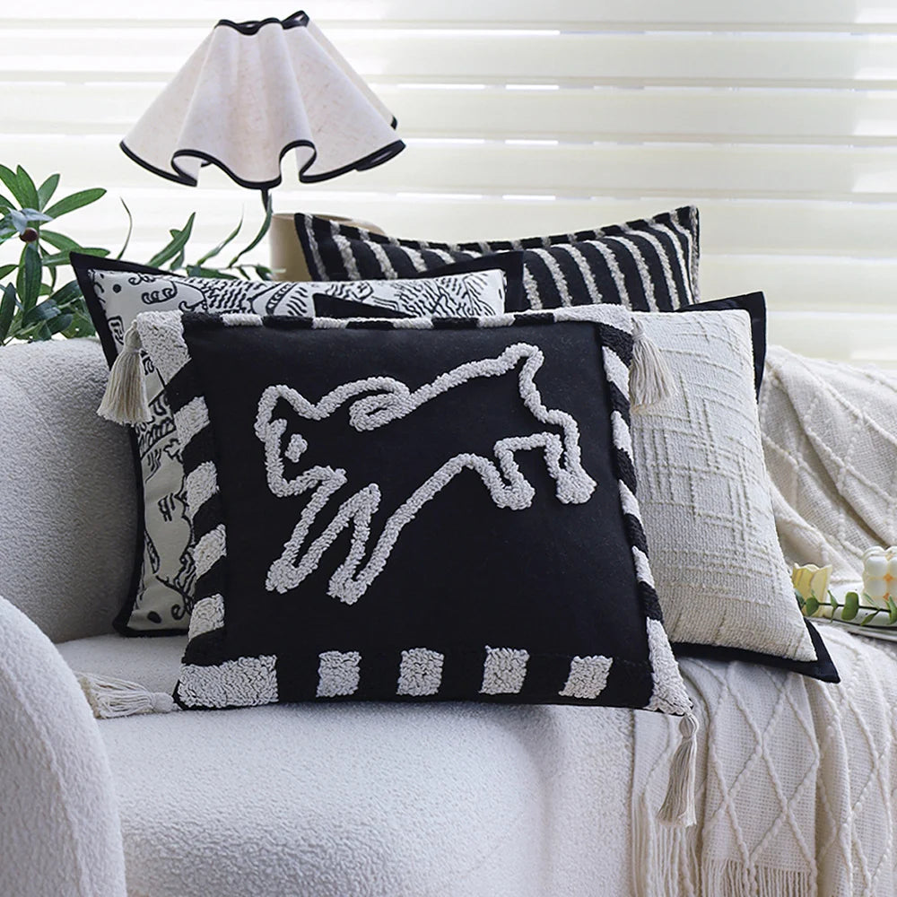 Square Pillow Cover Cotton-Linen Geometric Relief Piped Edge