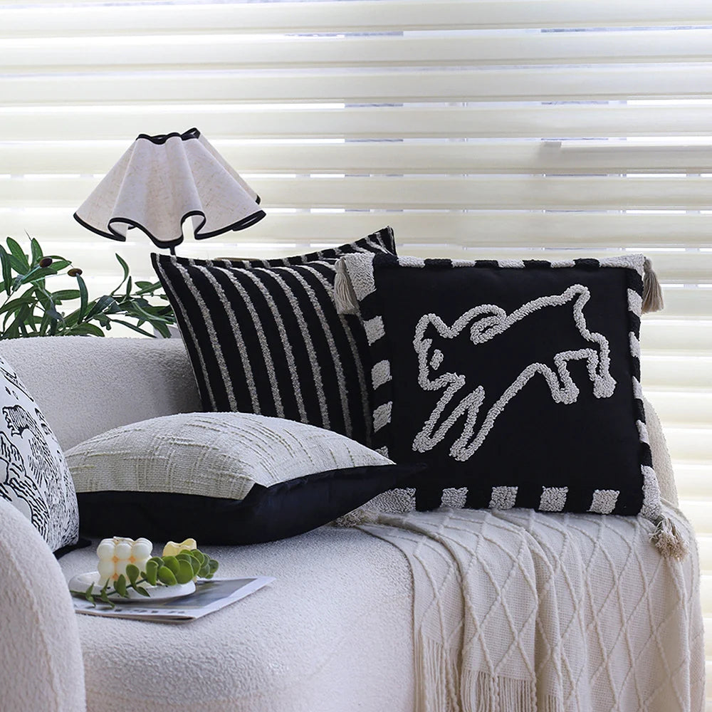 Square Pillow Cover Cotton-Linen Geometric Relief Piped Edge