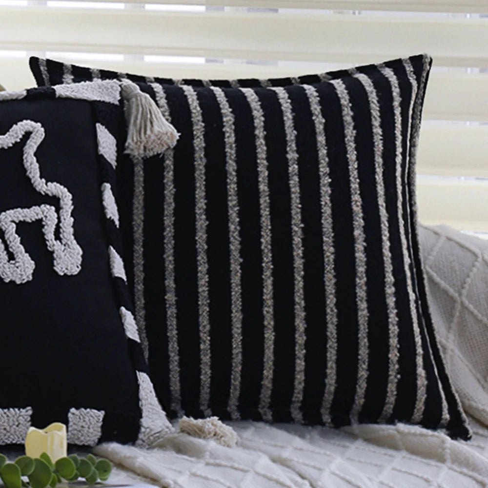Square Pillow Cover Cotton-Linen Geometric Relief Piped Edge