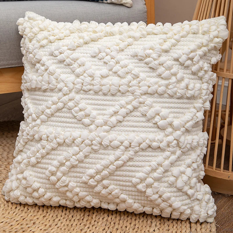 Square Pillow Cover Crocheted Appliques Tufted Cotton Blend