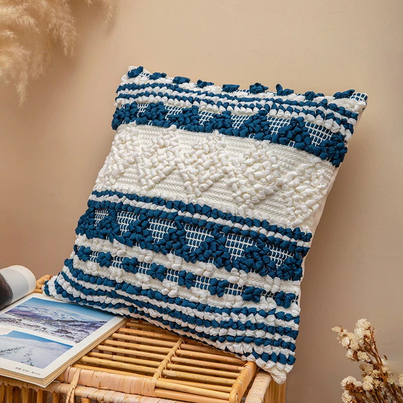 Square Pillow Cover Crocheted Appliques Tufted Cotton Blend