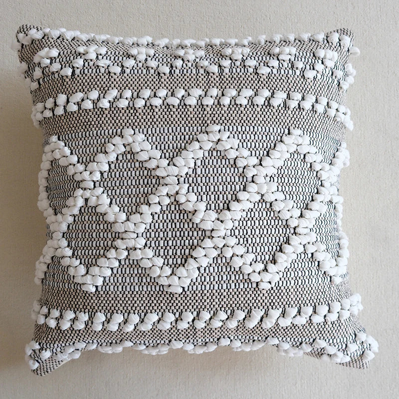 Square Pillow Cover Crocheted Appliques Tufted Cotton Blend