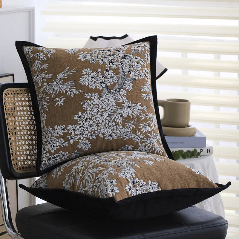 Square Pillow Cover Floral Jacquard Cotton-Linen Blend Velvet Piping