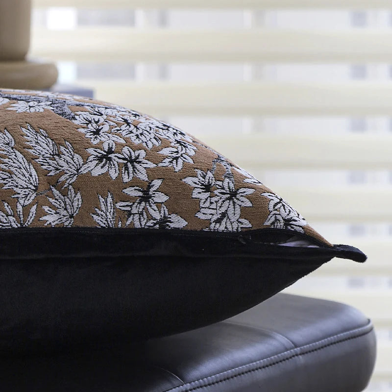Square Pillow Cover Floral Jacquard Cotton-Linen Blend Velvet Piping