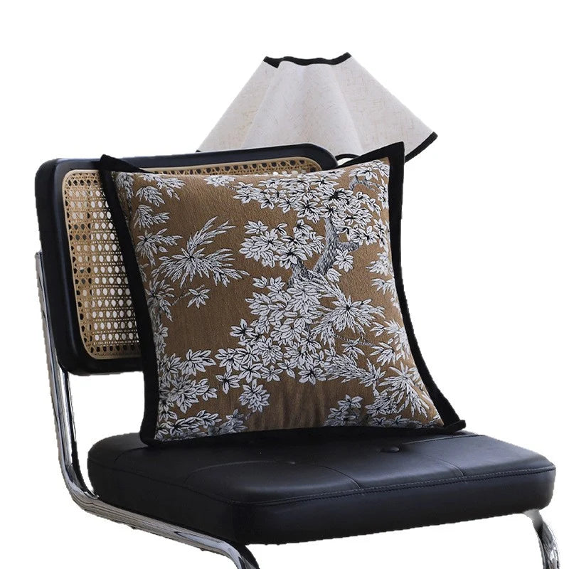 Square Pillow Cover Floral Jacquard Cotton-Linen Blend Velvet Piping