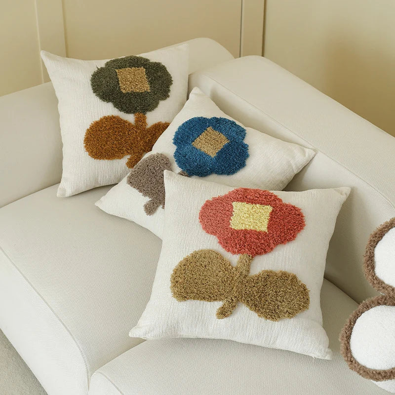 Square Pillow Cover Hand-Tufted Floral Applique Chenille 18x18 Inch