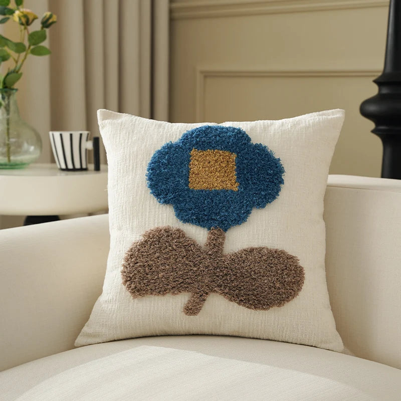 Square Pillow Cover Hand-Tufted Floral Applique Chenille 18x18 Inch