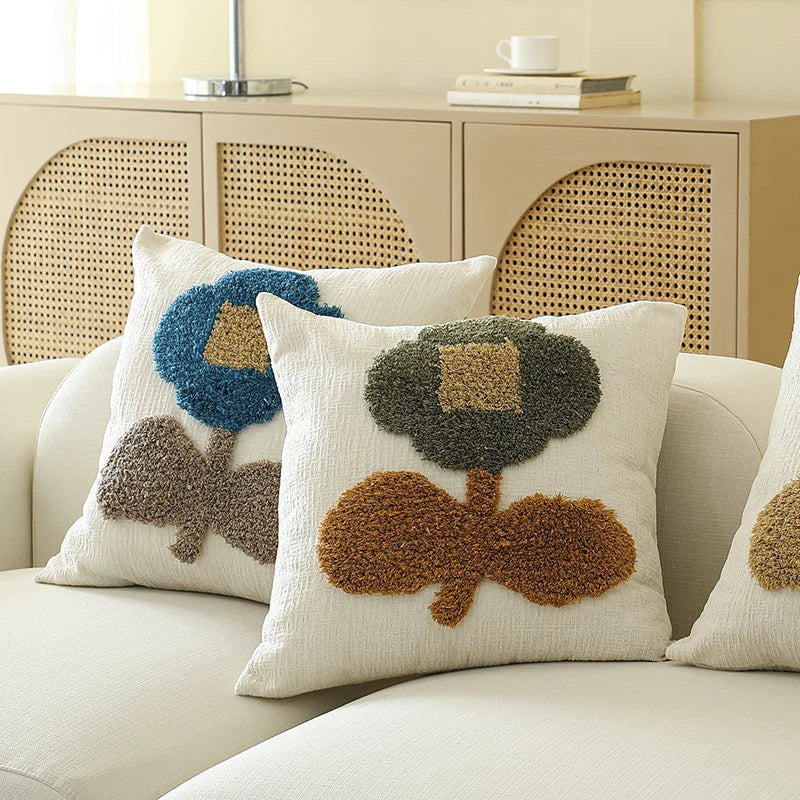 Square Pillow Cover Hand-Tufted Floral Applique Chenille 18x18 Inch