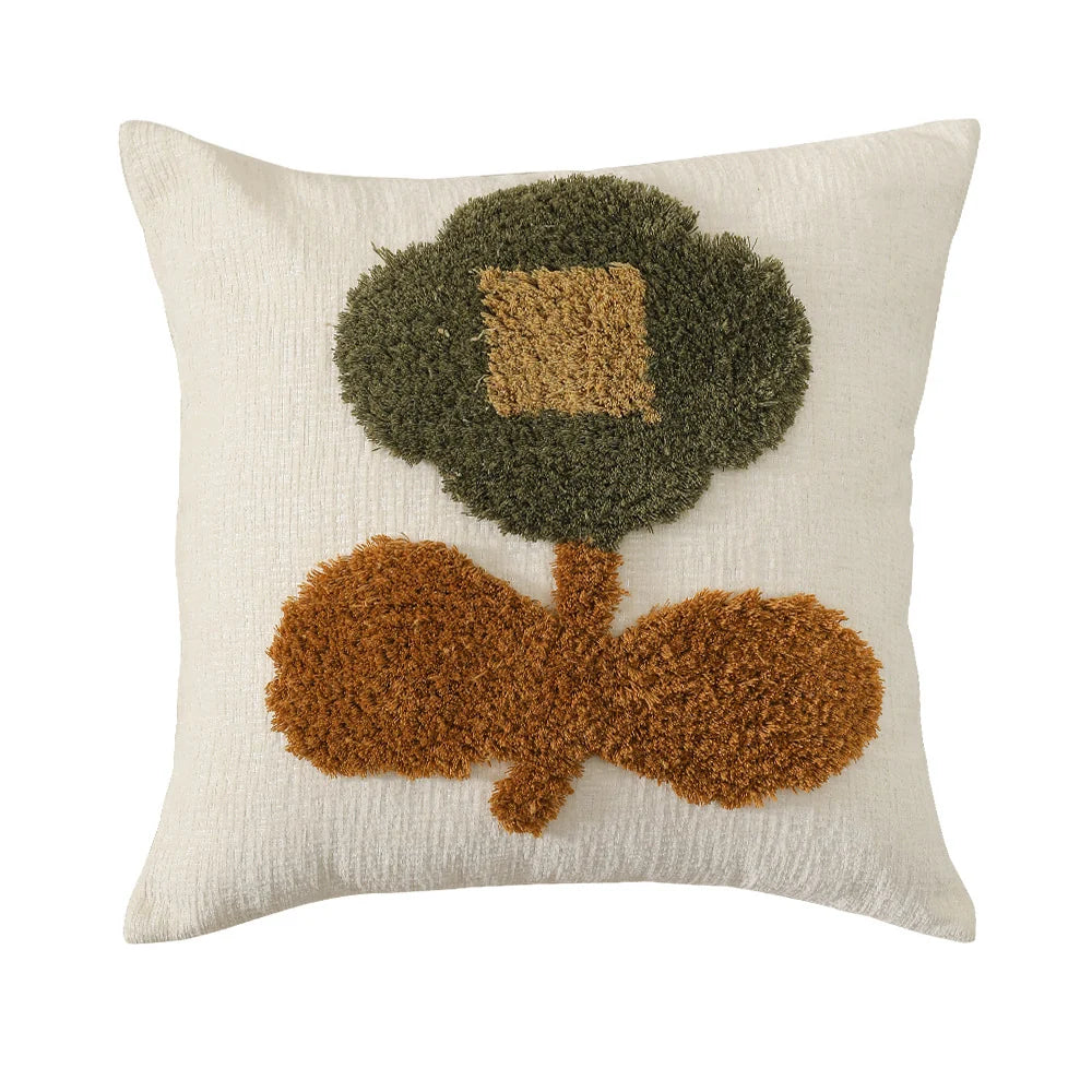 Square Pillow Cover Hand-Tufted Floral Applique Chenille 18x18 Inch
