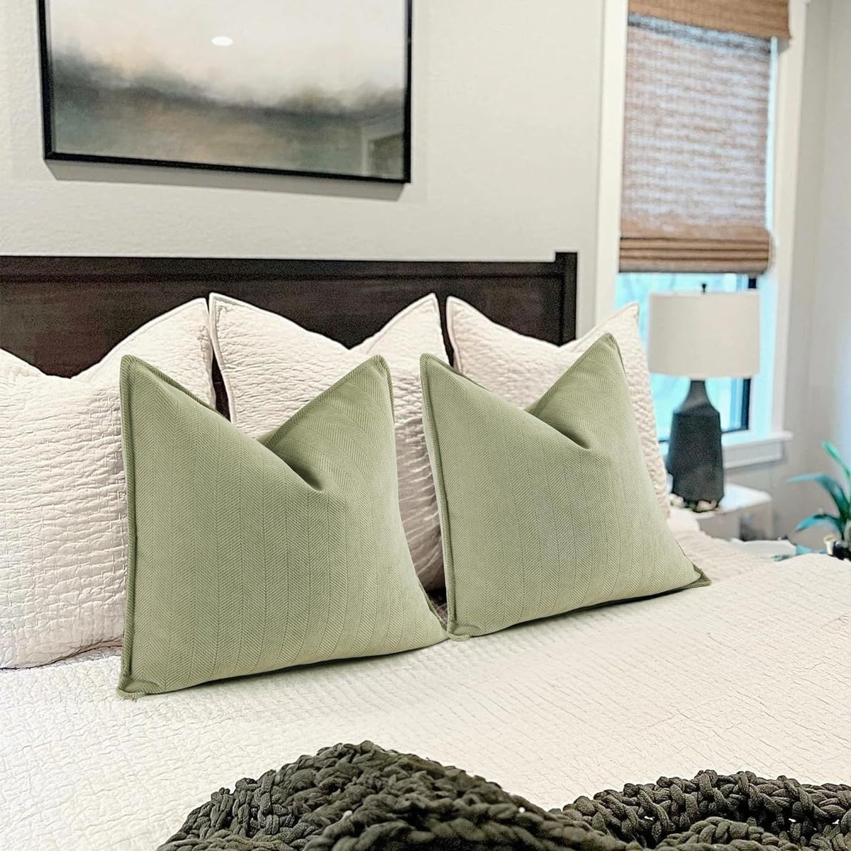 Square Pillow Cover Herringbone Texture & Piped Edge Hidden Zipper