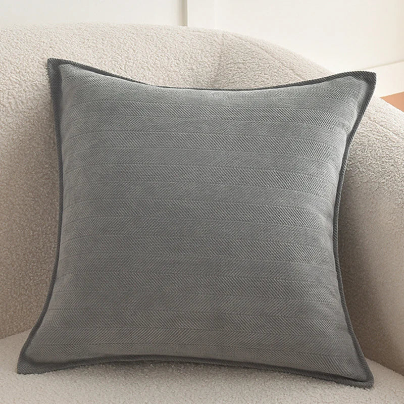 Square Pillow Cover Herringbone Texture & Piped Edge Hidden Zipper