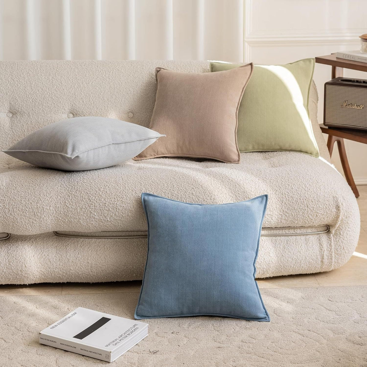 Square Pillow Cover Herringbone Texture & Piped Edge Hidden Zipper