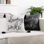 Square Pillow Cover Linen-Blend Rope-Embroidered & Tassels