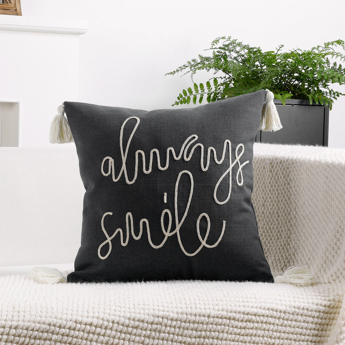 Square Pillow Cover Linen-Blend Rope-Embroidered & Tassels