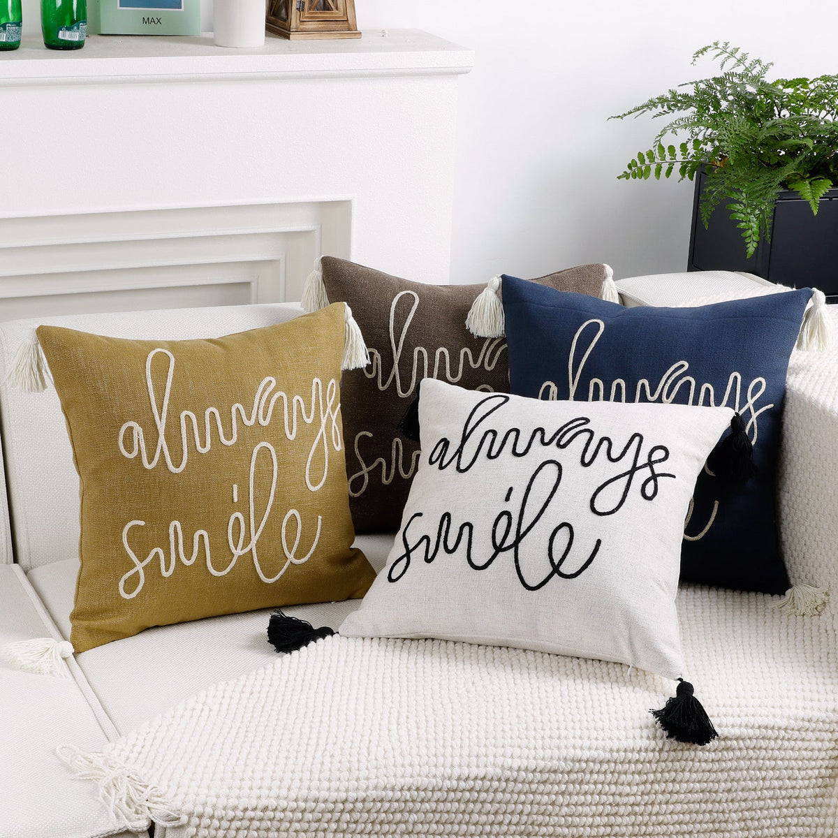 Square Pillow Cover Linen-Blend Rope-Embroidered & Tassels