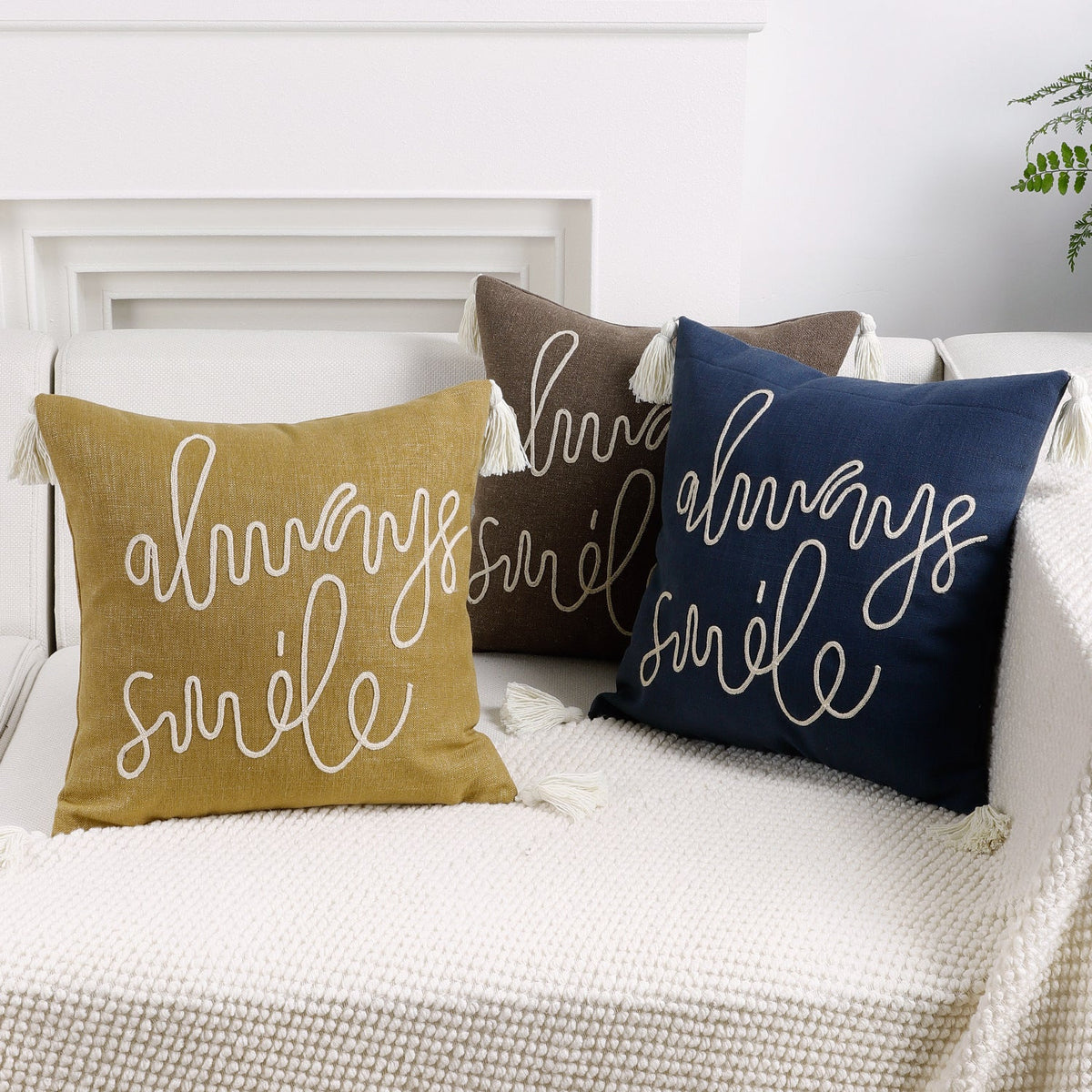 Square Pillow Cover Linen-Blend Rope-Embroidered & Tassels