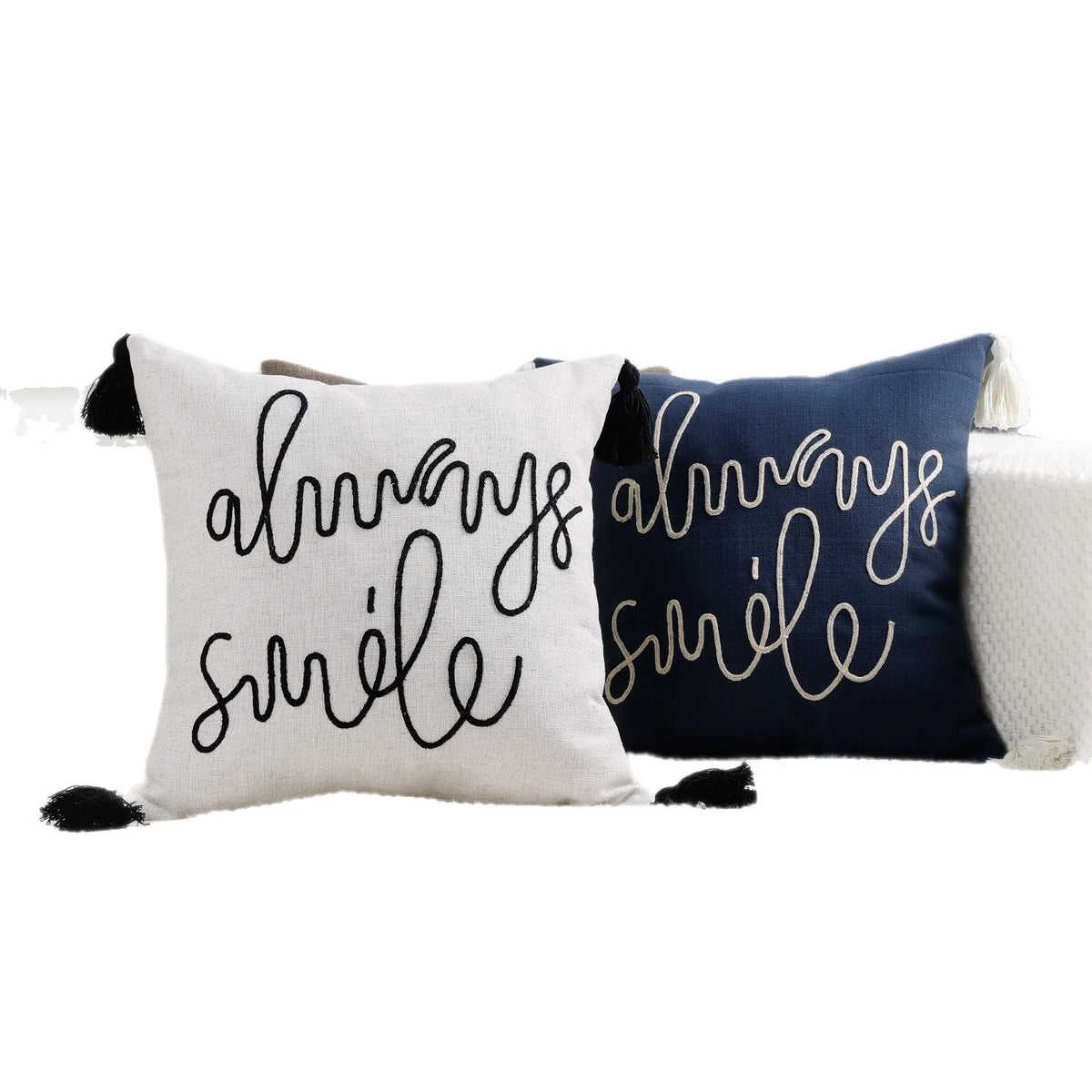 Square Pillow Cover Linen-Blend Rope-Embroidered & Tassels