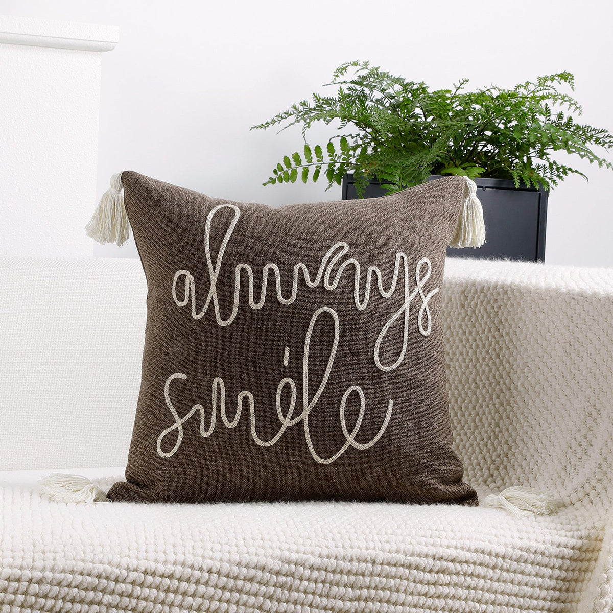 Square Pillow Cover Linen-Blend Rope-Embroidered & Tassels