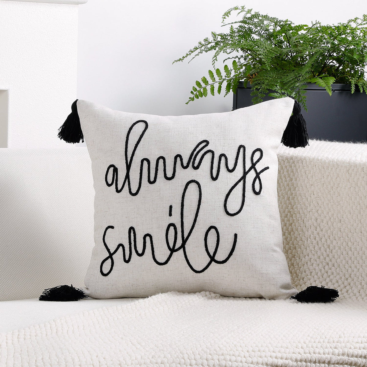 Square Pillow Cover Linen-Blend Rope-Embroidered & Tassels