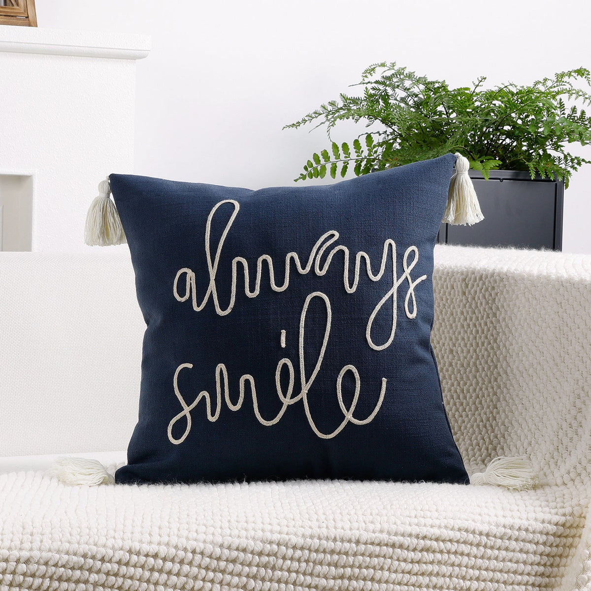 Square Pillow Cover Linen-Blend Rope-Embroidered & Tassels