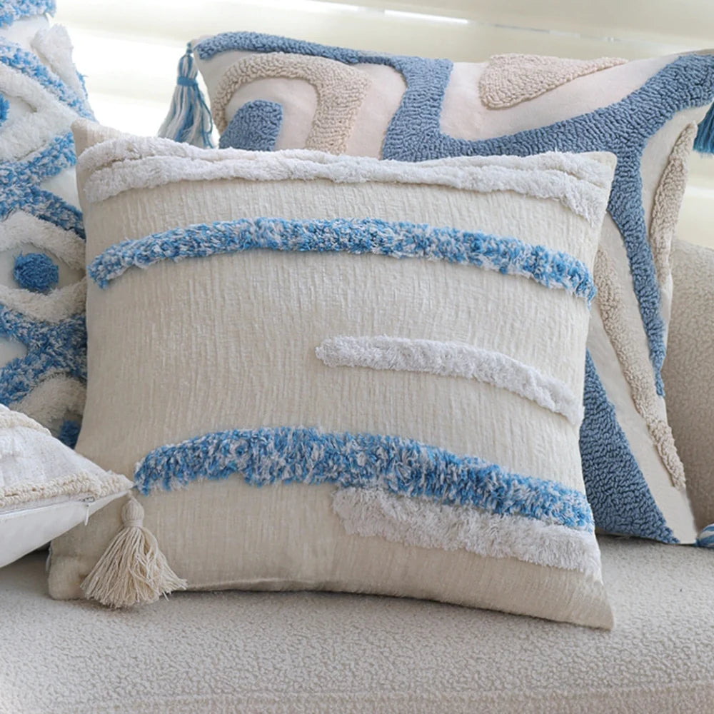 Square Pillow Cover Linen-Like Cotton Relief Tufting & Tassels