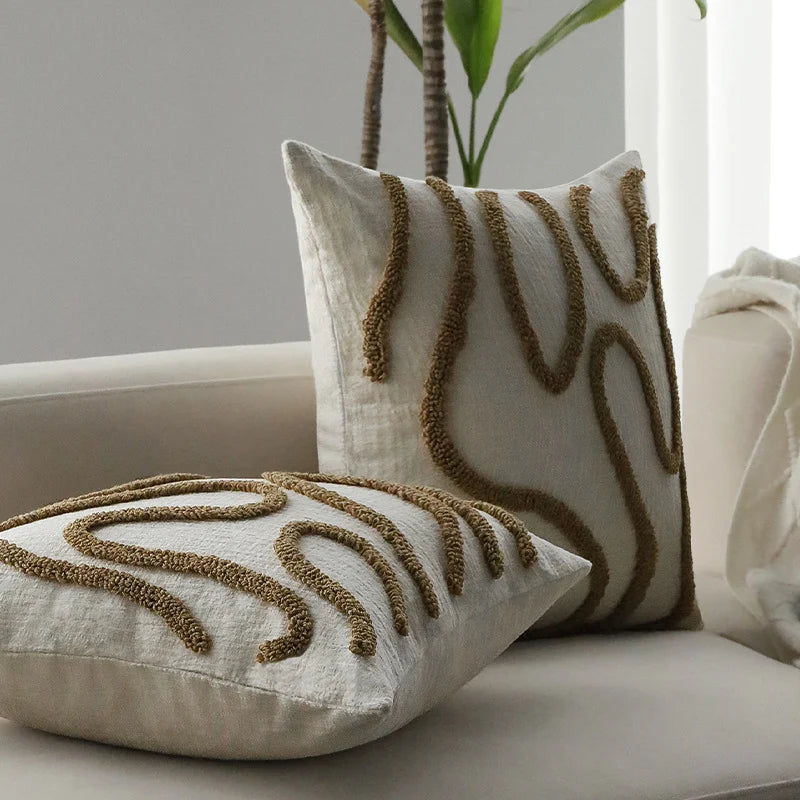 Square Pillow Cover Linen-Look Hand-Tufted Concealed Zipper 18x18in