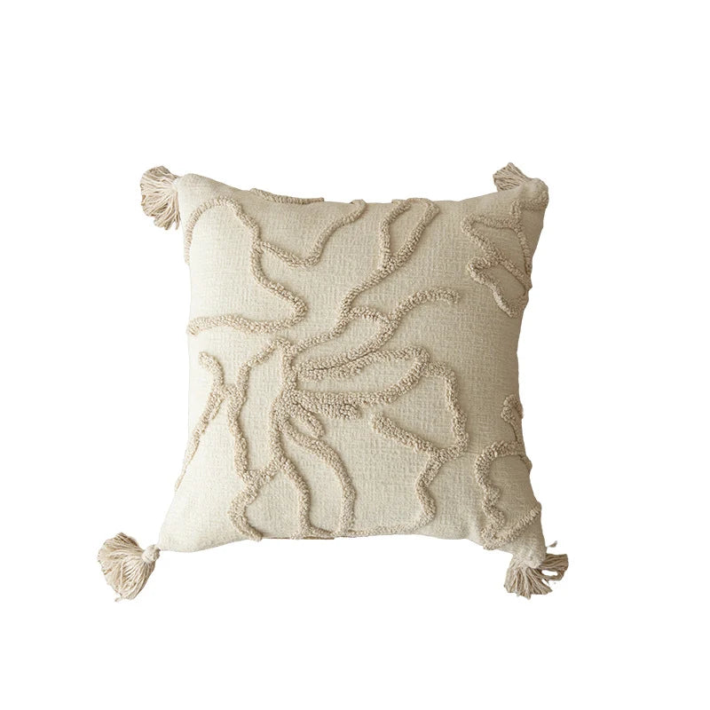 Square Pillow Cover Raised-Loop Tufted & Knotted Tassels