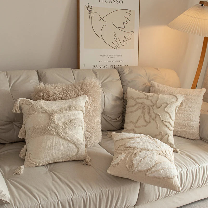 Square Pillow Cover Raised-Loop Tufted & Knotted Tassels